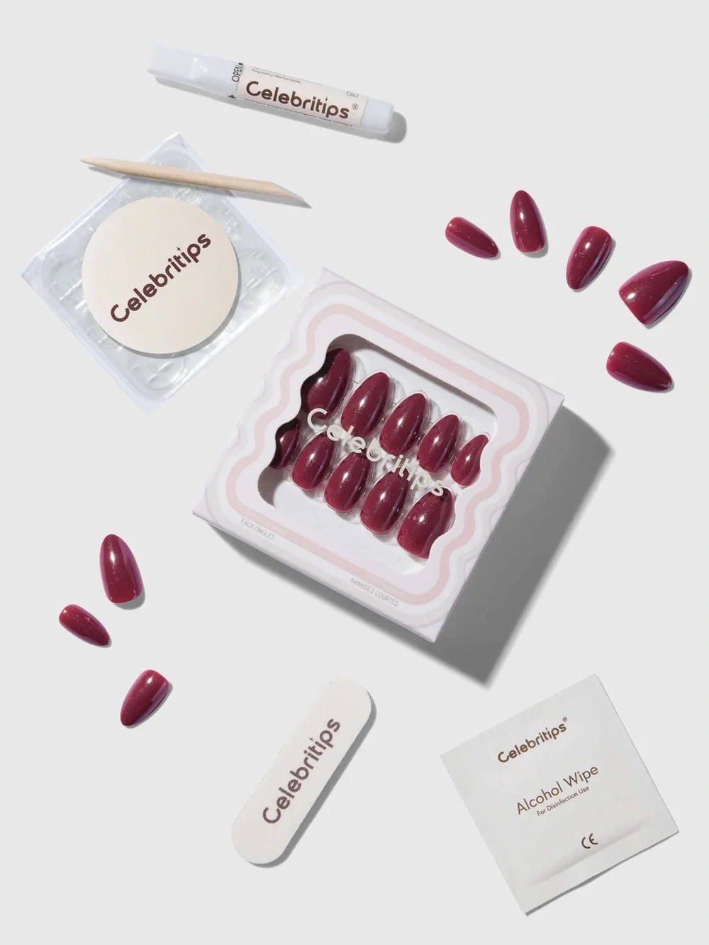 NIB Celebritips Raspberry Glaze Burgundy Almond Press On Nails 32pc